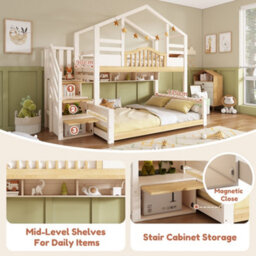 Abrihome White & Natural Solid Wood Bunk Bed With House-Shaped Design, Staircase & Storage, (90+135)X190Cm - thumbnail 2