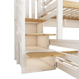 Abrihome White & Natural Solid Wood Bunk Bed With House-Shaped Design, Staircase & Storage, (90+135)X190Cm - thumbnail 7