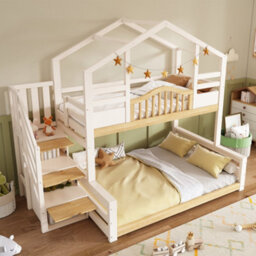 Abrihome White & Natural Solid Wood Bunk Bed With House-Shaped Design, Staircase & Storage, (90+135)X190Cm