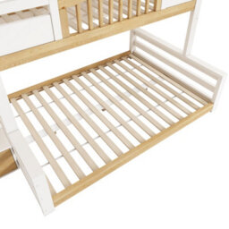Abrihome White & Natural Solid Wood Bunk Bed With House-Shaped Design, Staircase & Storage, (90+135)X190Cm - thumbnail 9