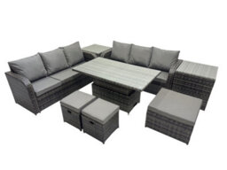 Fimous Rattan Garden Furniture Set 9-Seater Patio Height Adjustable Rising Lifting Table Sofa Set With 2 Side Table 3 Footstools - thumbnail 2