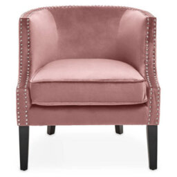 Orsina Pink Velvet Studded Chair, Easy To Clean Leather Armchair, Body Supportive Accent Chair