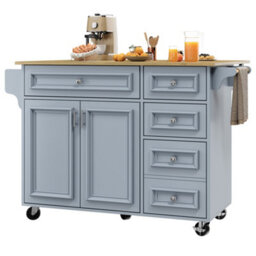 Btm Kitchen Island With Storage Removable Serving Trolley Multifunction Dining Table Vintage Style Blue - thumbnail 9
