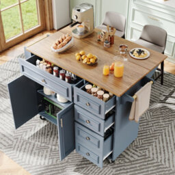 Btm Kitchen Island With Storage Removable Serving Trolley Multifunction Dining Table Vintage Style Blue