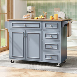Btm Kitchen Island With Storage Removable Serving Trolley Multifunction Dining Table Vintage Style Blue - thumbnail 3