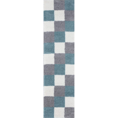 The Rugs Duck Egg Blue Grey And Ivory Soft Checkerboard Design Fluffy Shaggy Rugs And Runners High Pile Living Room Kitchen Hallway 381 - image 1