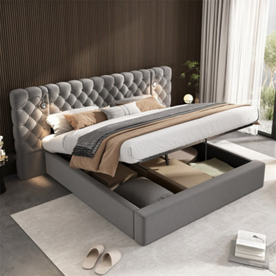 Abrihome Upholstered Bed, King Size Velvet Storage Bed, Hydraulic Ottoman Frame With Wide Headboard, Grey - image 1