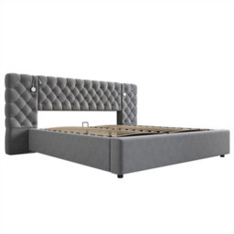 Abrihome Upholstered Bed, King Size Velvet Storage Bed, Hydraulic Ottoman Frame With Wide Headboard, Grey - thumbnail 4