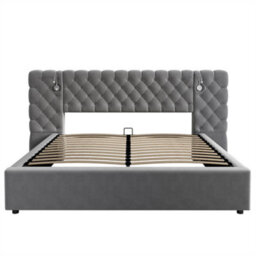 Abrihome Upholstered Bed, King Size Velvet Storage Bed, Hydraulic Ottoman Frame With Wide Headboard, Grey - thumbnail 5