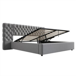 Abrihome Upholstered Bed, King Size Velvet Storage Bed, Hydraulic Ottoman Frame With Wide Headboard, Grey - thumbnail 3