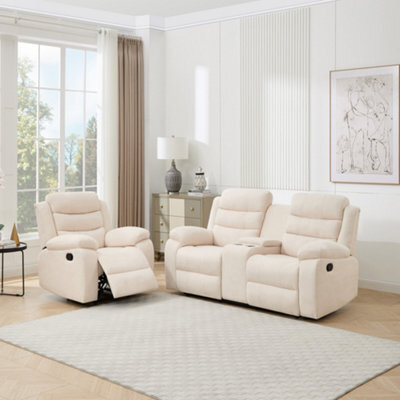 More4Homes Boston Manual Recliner Fabric 1+2 Seater Sofa Set W Drinks Console (Beige) - image 1