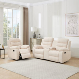 More4Homes Boston Manual Recliner Fabric 1+2 Seater Sofa Set W Drinks Console (Beige)