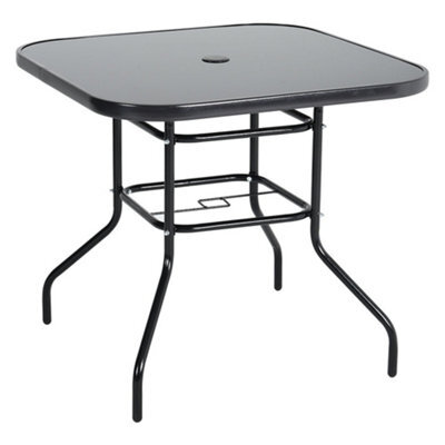 Living And Home Black Square Tempered Glass Garden Bistro Dinging Table With Umbrella Hole Outdoor 80 Cm - image 1