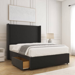 Bsspoke Austin Divan Bed Set Black Plush Velvet With 54Inch Wingedback Headboard 2 Drawers Footend & No Mattress In All Sizes