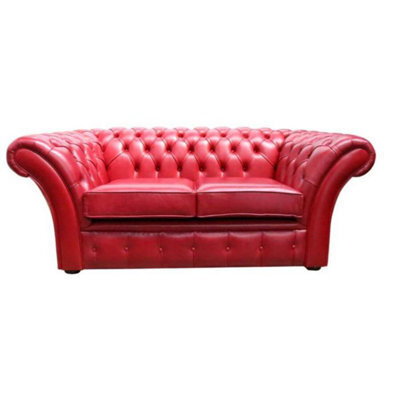 Chesterfield 2 Seater Sofa Settee Old English Gamay Red Leather In Balmoral Style - image 1