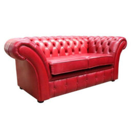 Chesterfield 2 Seater Sofa Settee Old English Gamay Red Leather In Balmoral Style - thumbnail 2