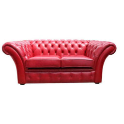 Chesterfield 2 Seater Sofa Settee Old English Gamay Red Leather In Balmoral Style - thumbnail 1