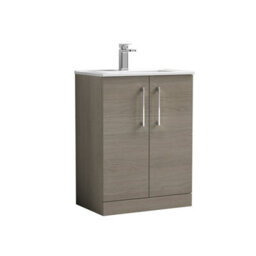 Balterley Bramshall Contemporary Bathroom Floor-Standing 2-Door Vanity Unit & Minimalist Basin, Solace Oak, 600 mm - thumbnail 1
