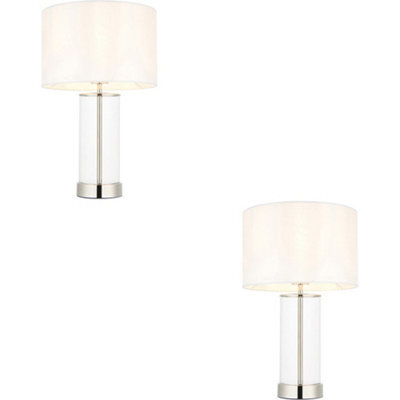 Loops 2 Pack Bright Nickel Plate & Clear Glass Table Lamp - Vintage White Fabric - 440mm Dimmable Tall Light - image 1