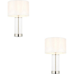 Loops 2 Pack Bright Nickel Plate & Clear Glass Table Lamp - Vintage White Fabric - 440mm Dimmable Tall Light - thumbnail 1