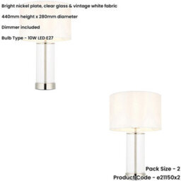 Loops 2 Pack Bright Nickel Plate & Clear Glass Table Lamp - Vintage White Fabric - 440mm Dimmable Tall Light - thumbnail 2
