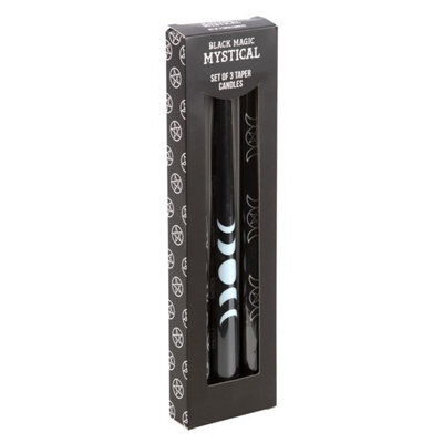 Set Of 3 Black Mystical Taper Candles With Pentagram & Moon Designs - image 1