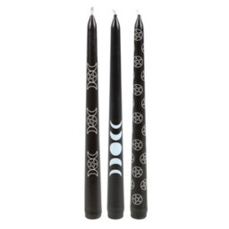 Set Of 3 Black Mystical Taper Candles With Pentagram & Moon Designs - thumbnail 3