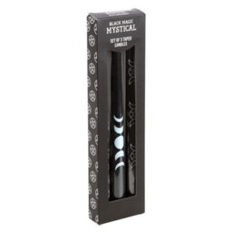 Set Of 3 Black Mystical Taper Candles With Pentagram & Moon Designs