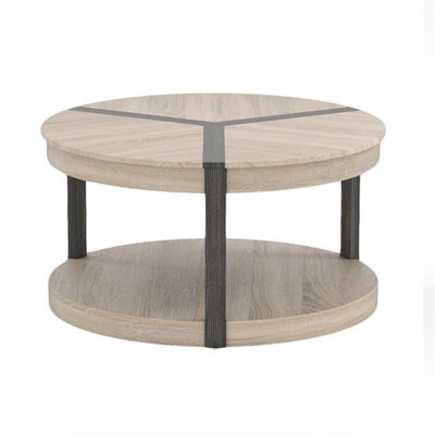 2-Tier Round Coffee Table 88Cm Rubber Wood Center Table With Shelf-Oak - image 1