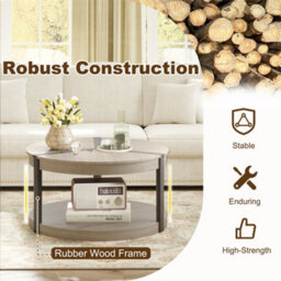2-Tier Round Coffee Table 88Cm Rubber Wood Center Table With Shelf-Oak - thumbnail 6