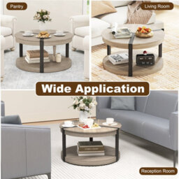 2-Tier Round Coffee Table 88Cm Rubber Wood Center Table With Shelf-Oak - thumbnail 5
