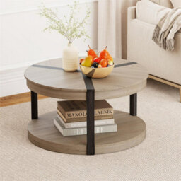 2-Tier Round Coffee Table 88Cm Rubber Wood Center Table With Shelf-Oak - thumbnail 7