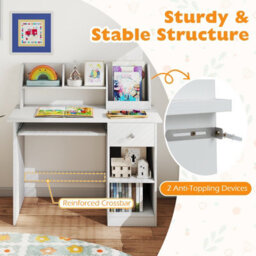 Costway Kids Study Desk Wooden Writing Table With Keyboard Tray-White - thumbnail 6