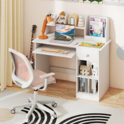 Costway Kids Study Desk Wooden Writing Table With Keyboard Tray-White - thumbnail 1