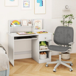 Costway Kids Study Desk Wooden Writing Table With Keyboard Tray-White - thumbnail 5