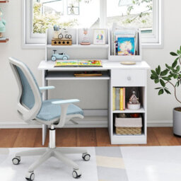 Costway Kids Study Desk Wooden Writing Table With Keyboard Tray-White - thumbnail 4