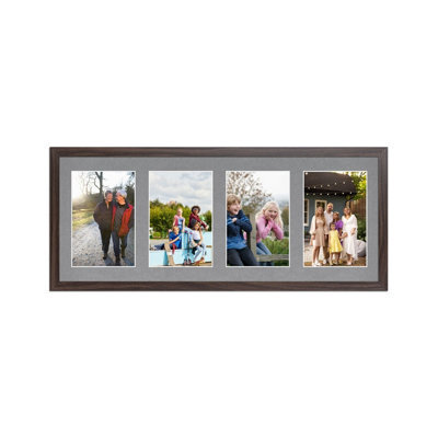 AK Frames 50X20Cm Walnut Sleek Multi Photo Frame With Mid Grey Mount - Holds 4 Apertures (4X) 6X4 Photos - image 1