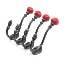 Oakcrafts - Ceramic Tipped Shabby Chic Cast Iron Coat Hook 125mm (Red) - Pack Of 4 Hooks
