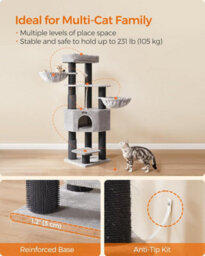 Songmics Cat Tower With 9 Sturdy Scratching Posts, Cozy Perch, Cave, Baskets, Self-Warming Pads, And Groomers, Dove Grey And Black - thumbnail 6