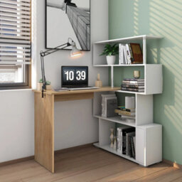 L-Shaped Computer Desk 360 Swivel Shelf Corner Table Home Office Desk White White & Natural Wood - thumbnail 3