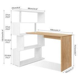 L-Shaped Computer Desk 360 Swivel Shelf Corner Table Home Office Desk White White & Natural Wood - thumbnail 2