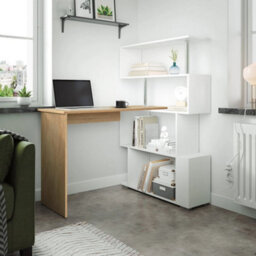 L-Shaped Computer Desk 360 Swivel Shelf Corner Table Home Office Desk White White & Natural Wood - thumbnail 4