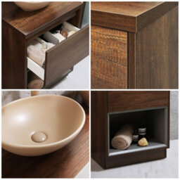 Homestylestore Dark Oak 600mm Bathroom Vanity Unit Oval Sand Countertop Basin Open Shelf - thumbnail 2