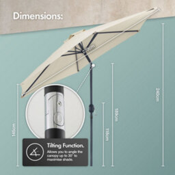 Vonhaus Parasol 2.7M, Garden Umbrella, Sun Shade Canopy With Hand Crank, Tilt Function, Uv30+ Protection, Air Vent, Steel Frame - thumbnail 7