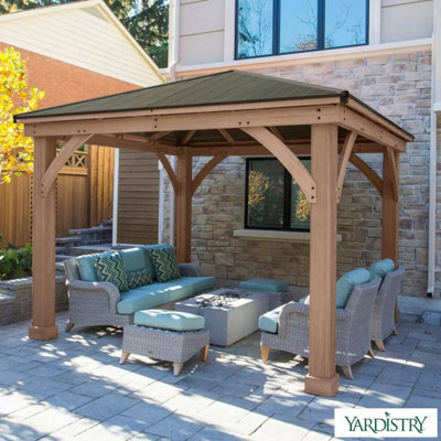 Xample Yardistry 12X12Ft Wooden Gazebo Cedar Wood Aluminium Roof Outdoor Garden Shelter Heavy Duty Frame Pavilion Brown - image 1
