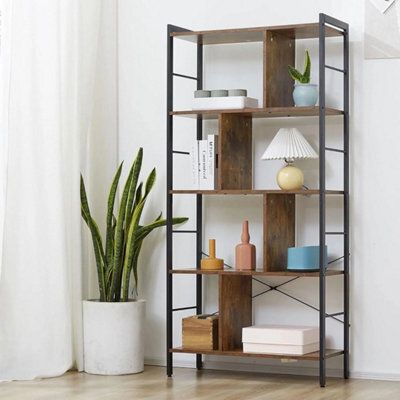 Tall Shelving Unit 5 Tier Display Storage Bookcase Metal Frame Industrial Brown - image 1