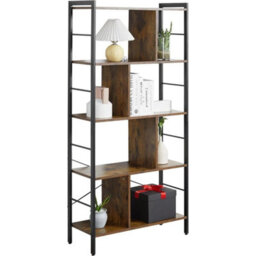 Tall Shelving Unit 5 Tier Display Storage Bookcase Metal Frame Industrial Brown - thumbnail 4