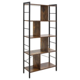 Tall Shelving Unit 5 Tier Display Storage Bookcase Metal Frame Industrial Brown - thumbnail 3