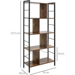 Tall Shelving Unit 5 Tier Display Storage Bookcase Metal Frame Industrial Brown - thumbnail 2