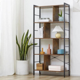 Tall Shelving Unit 5 Tier Display Storage Bookcase Metal Frame Industrial Brown - thumbnail 1